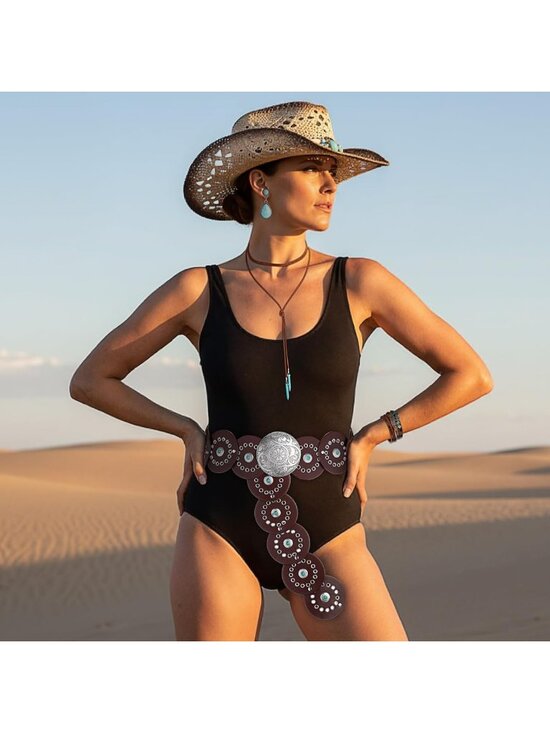 Boho Western Hat & Jewelry Set: Cowboy Hat, Belt, Choker, Bracelet, Earrings main image 5